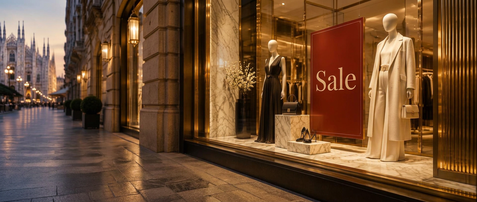 Luxury store window with savings sign in Italy